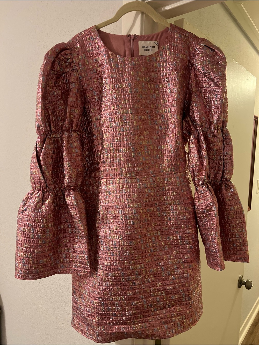 Tuckernuck Pink Metallic Tweed Puff-Sleeve Mini Dress